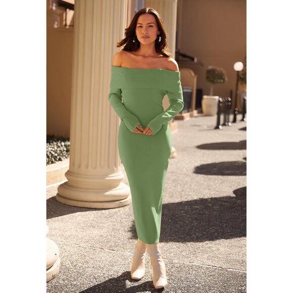 Merokeety Women's Green Off Shoulder Long Sleeve Elegant Bodycon Midi Dress - Picture 9 of 9